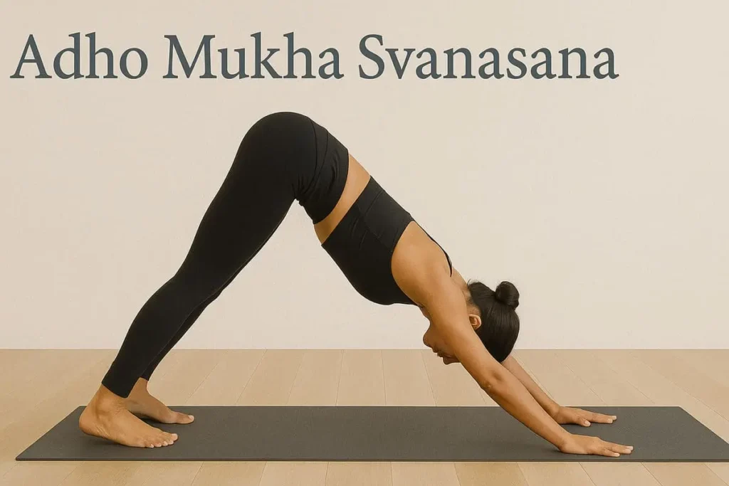 Femme en posture Adho Mukha Svanasana, ou chien tête en bas, une posture d'étirement et d'ancrage du yoga.