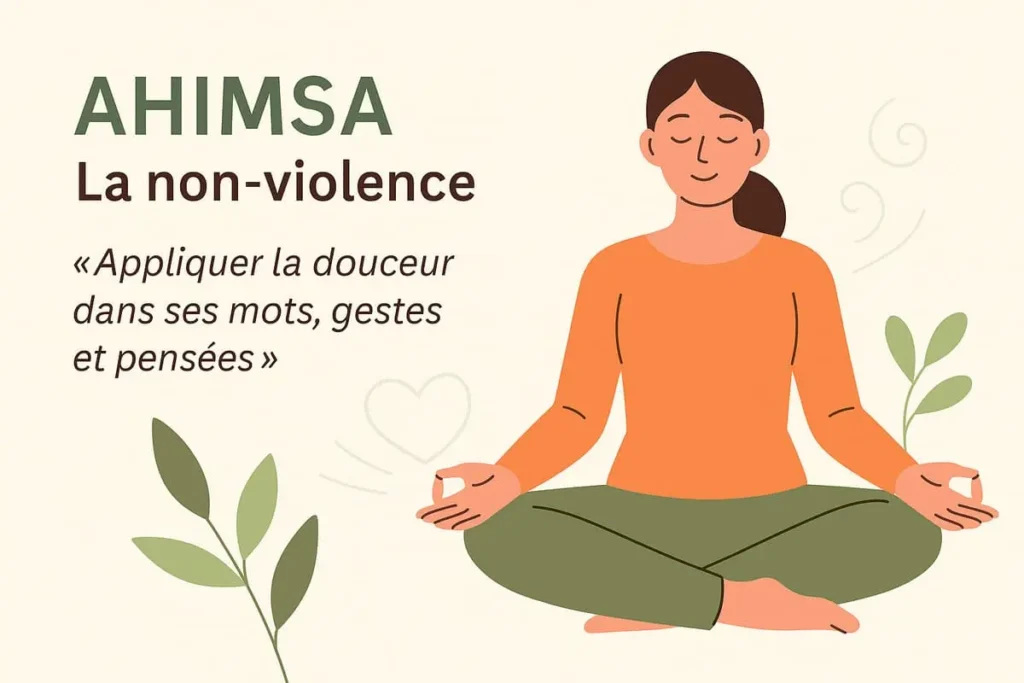 Illustration du principe Ahimsa en yoga : femme méditant en posture assise, incarnant la non-violence et la douceur