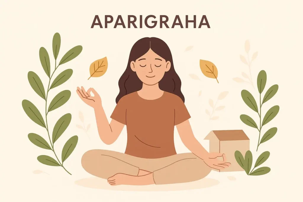 Illustration du principe Aparigraha : femme en méditation avec feuilles flottantes et boîte en carton, symbolisant le lâcher-prise et le non-attachement