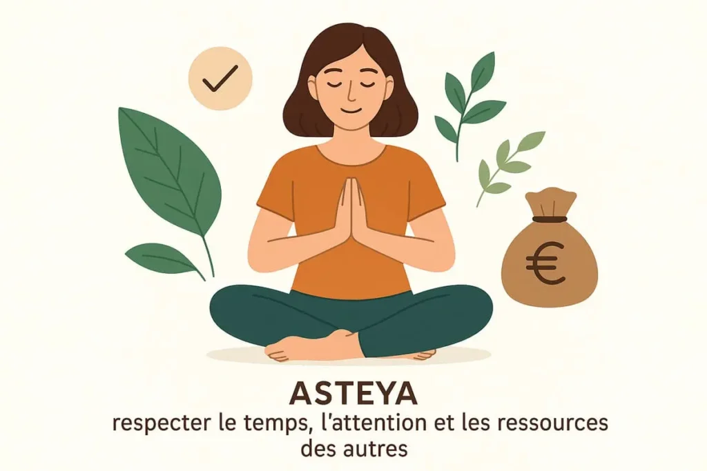 Illustration du principe Asteya : femme méditant les mains jointes, entourée de symboles de ressources, incarnant le respect du temps et de l’attention des autres