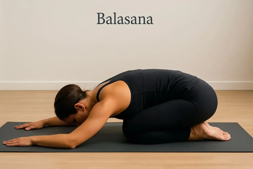 Personne en posture Balasana, ou posture de l’enfant, une position de yoga reposante adaptée aux débutants.