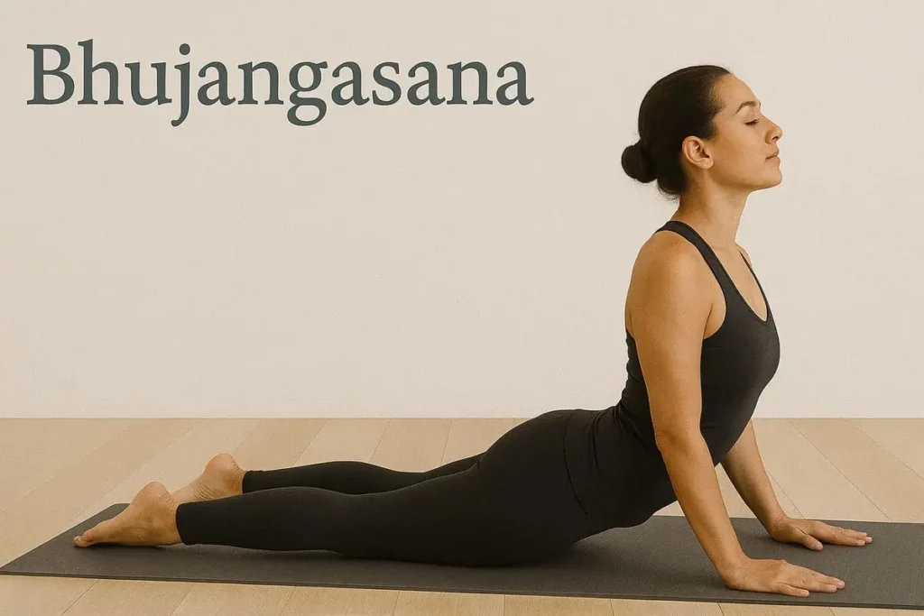 Femme en Bhujangasana, la posture du cobra, qui ouvre la poitrine et renforce le dos en yoga.