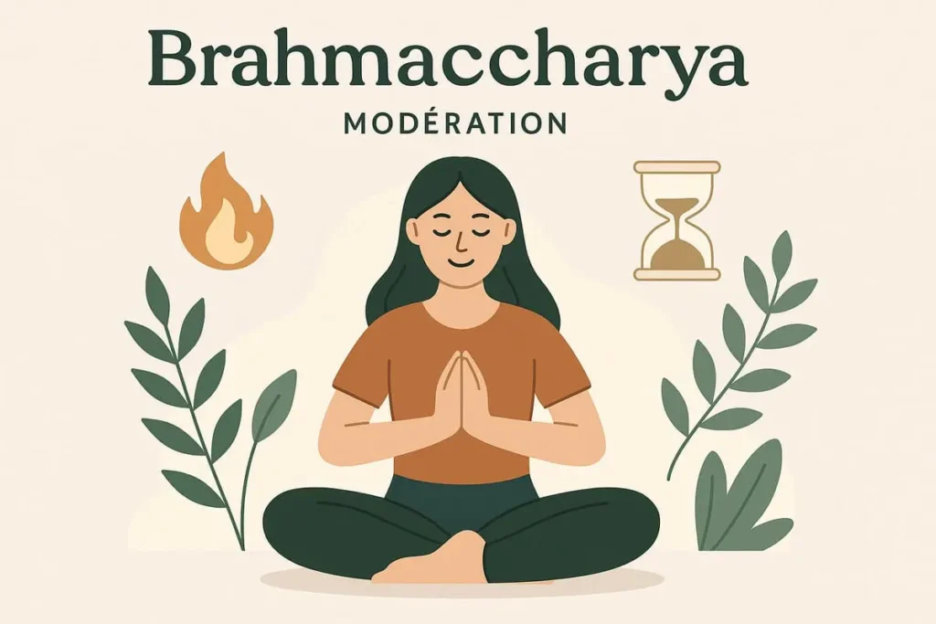 Illustration du principe Brahmacharya : femme méditant paisiblement, entourée de symboles de feu et de sablier, représentant la modération et la gestion de l’énergie