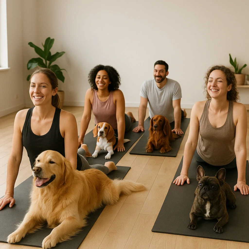 Groupe de personnes faisant du yoga avec leurs chiens sur des tapis, tous souriants.
