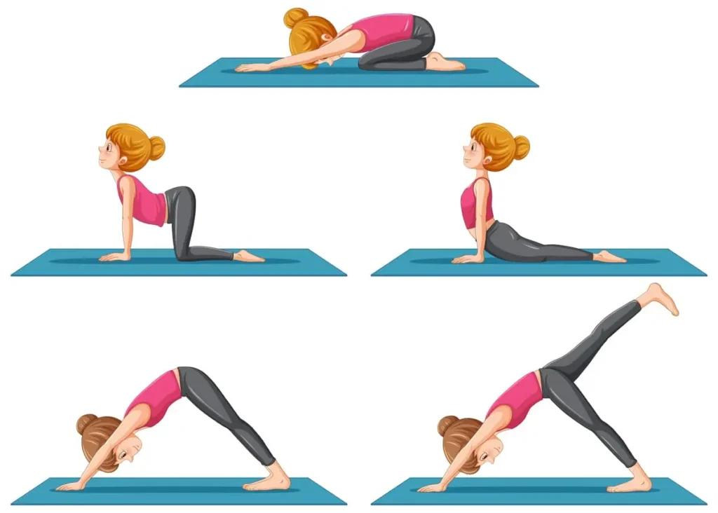Illustration d’un enchaînement de postures de yoga simples pour débutants sur tapis
