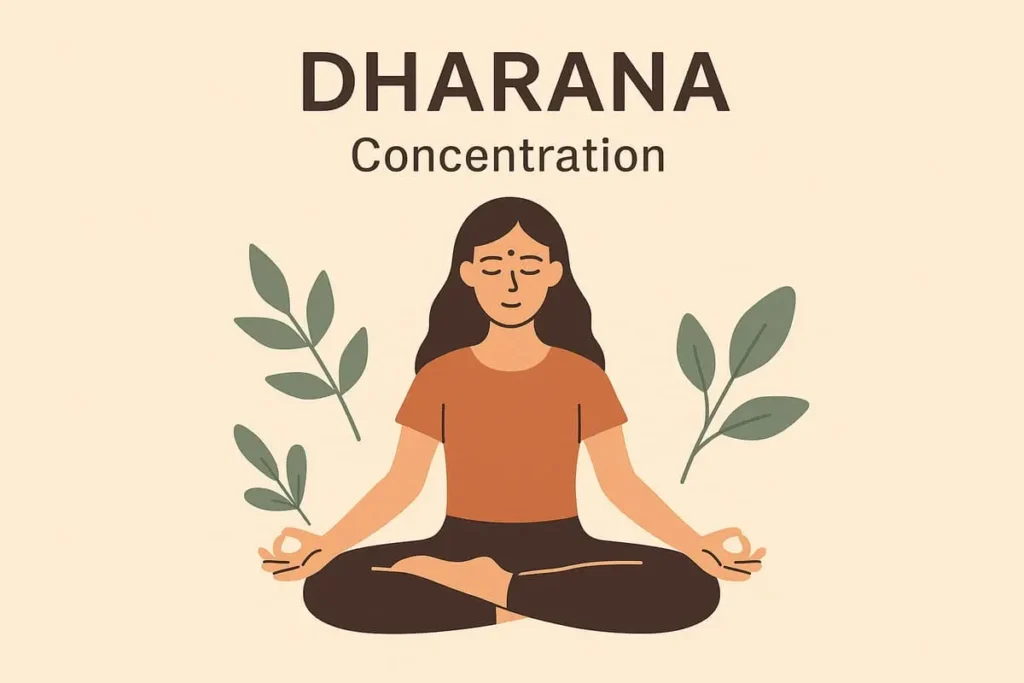 Femme en posture de méditation, yeux fermés, mains en Gyan Mudra, illustrant Dharana, la concentration en yoga.