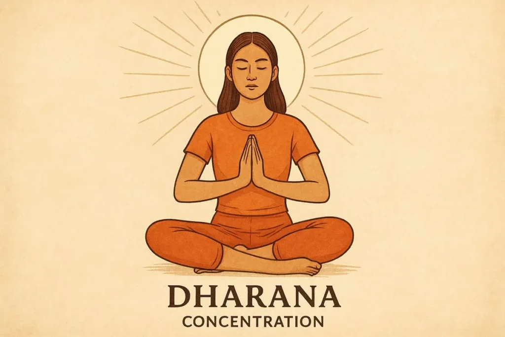 Femme en posture de méditation assise, les mains en Dhyana Mudra, incarnant Dhyana, la méditation yogique, sur fond beige apaisant.