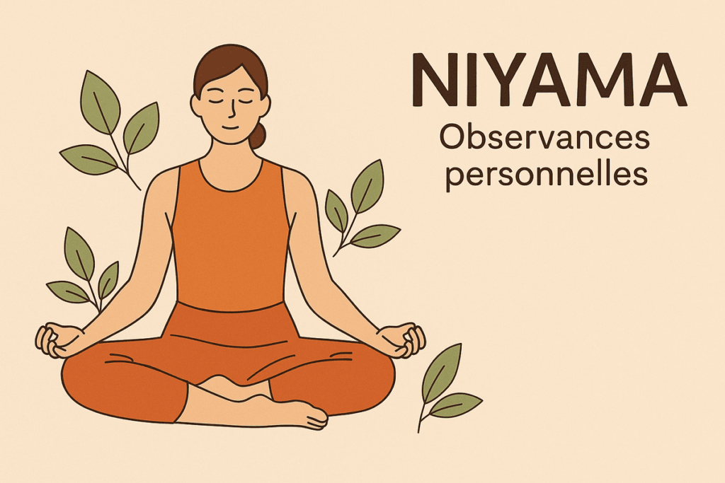 Illustration d’une femme en posture du lotus représentant Niyama, les observances personnelles du yoga, entourée de feuilles sur fond beige.