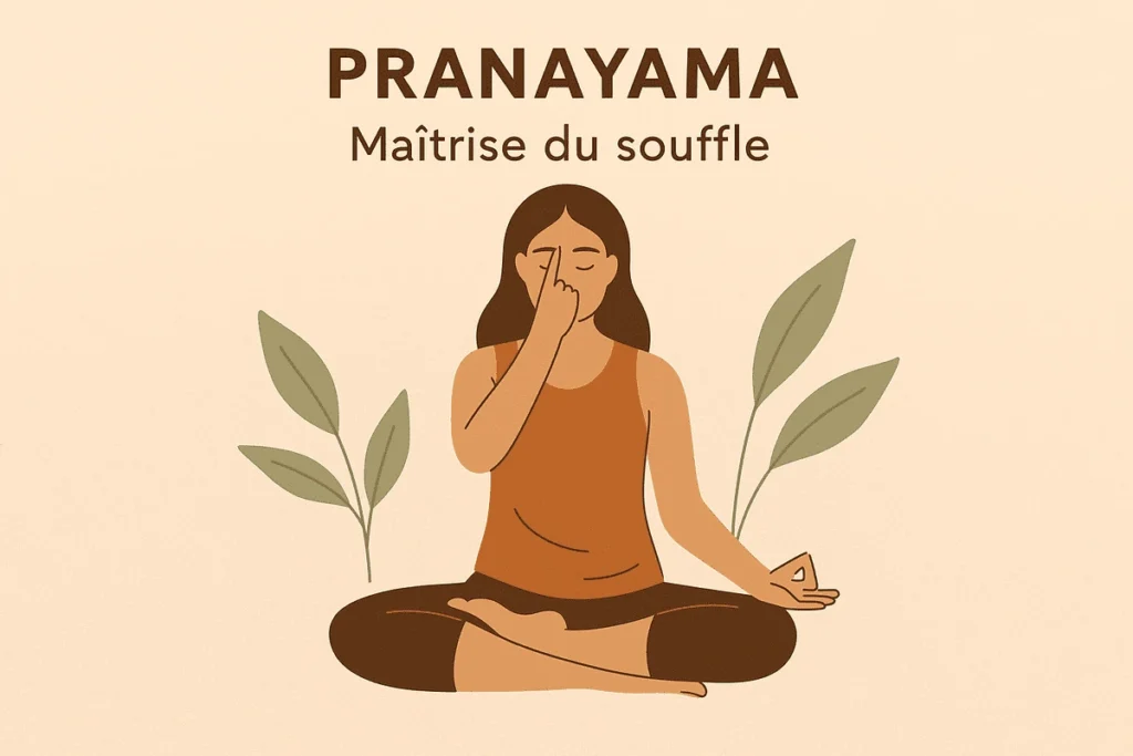 Femme en position assise pratiquant la respiration alternée, illustrant Pranayama, la maîtrise du souffle, avec fond beige et éléments végétaux.