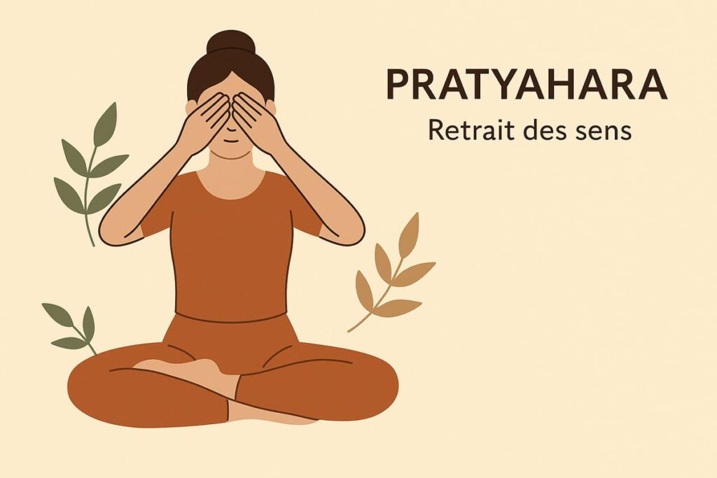Femme en posture assise, mains sur les yeux, symbolisant Pratyahara, le retrait des sens, dans un style doux et végétal.