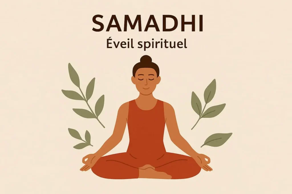 Personne en posture du lotus, yeux clos et mains en chin mudra, illustrant Samadhi, l’éveil spirituel en yoga, sur fond beige avec feuillage.