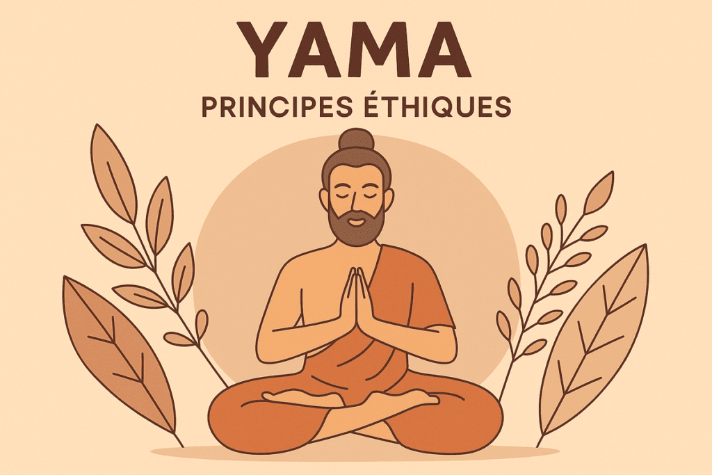 Illustration d’un yogi en méditation représentant Yama, les principes éthiques du yoga, entouré de feuilles sur fond beige.