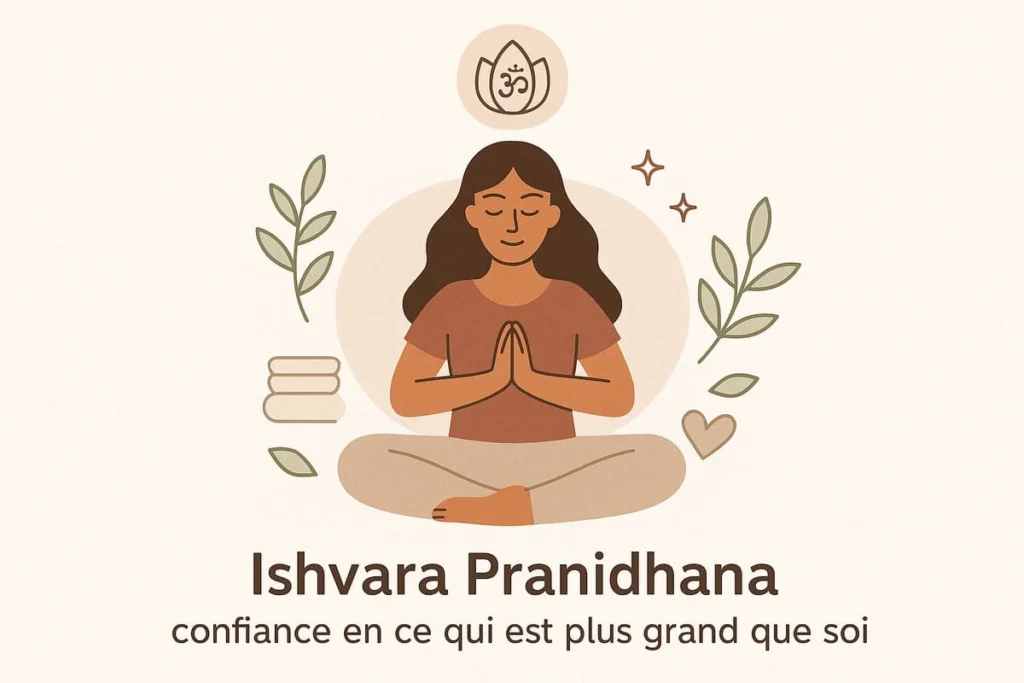 Illustration du principe Ishvara Pranidhana : femme méditant les mains en prière, entourée de symboles spirituels comme un lotus, l’Om et des feuilles, évoquant la confiance et le lâcher-prise