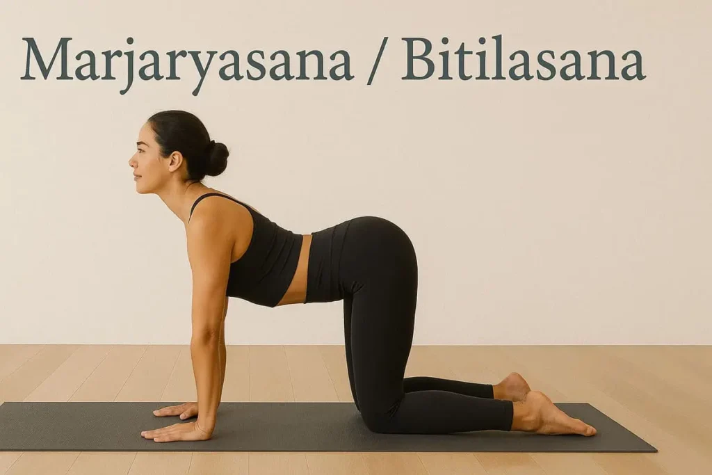 Femme en transition entre Marjaryasana et Bitilasana, les postures du chat et de la vache pour assouplir la colonne vertébrale.