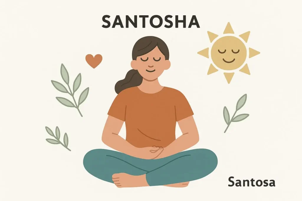 Illustration du principe Santosha : femme méditant avec un sourire paisible, entourée de plantes, d’un cœur et d’un soleil, symbolisant le contentement intérieur