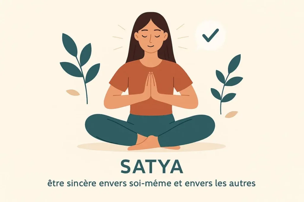 Illustration du principe Satya : femme en méditation, les mains en prière, représentant la vérité et la sincérité en yoga