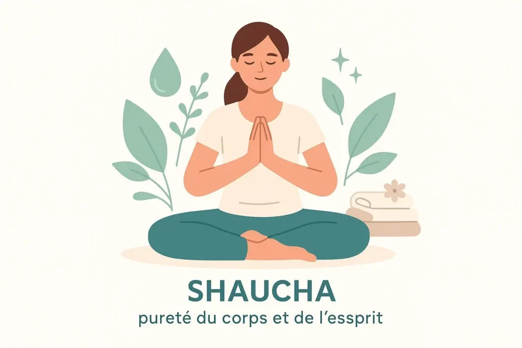 Illustration du principe Shaucha : femme méditant en posture assise, entourée de symboles de pureté comme des feuilles, gouttes d’eau et serviettes