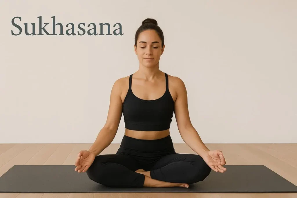 Femme assise en Sukhasana, la posture facile de méditation, idéale pour les débutants en yoga.