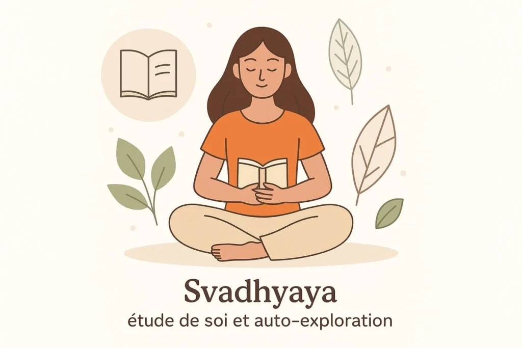 Illustration du principe Svadhyaya : femme assise en méditation tenant un livre, entourée de feuilles, symbolisant l’étude de soi et l’introspection en yoga