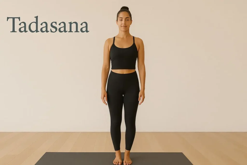Femme debout en Tadasana, la posture de la montagne, qui favorise l’ancrage, l’alignement et la conscience du corps.