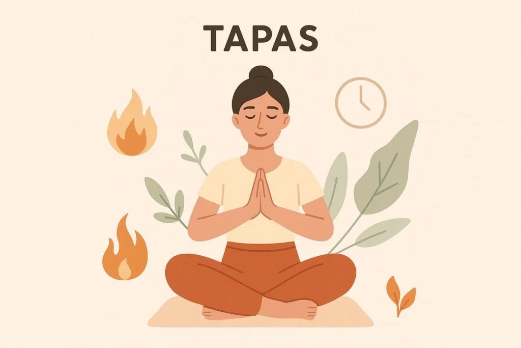 llustration du principe Tapas : femme méditant en tailleur avec des flammes et une horloge, symboles de discipline, d’engagement et de transformation intérieure