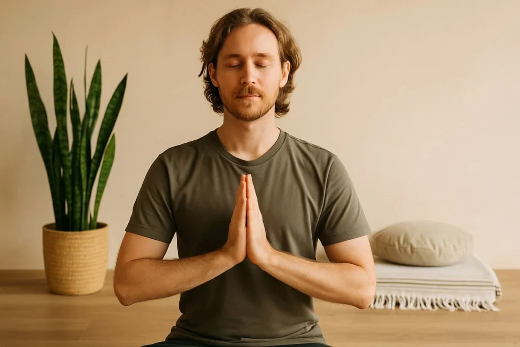 Homme en posture de méditation Namasté, les yeux fermés, dans un espace intérieur apaisant