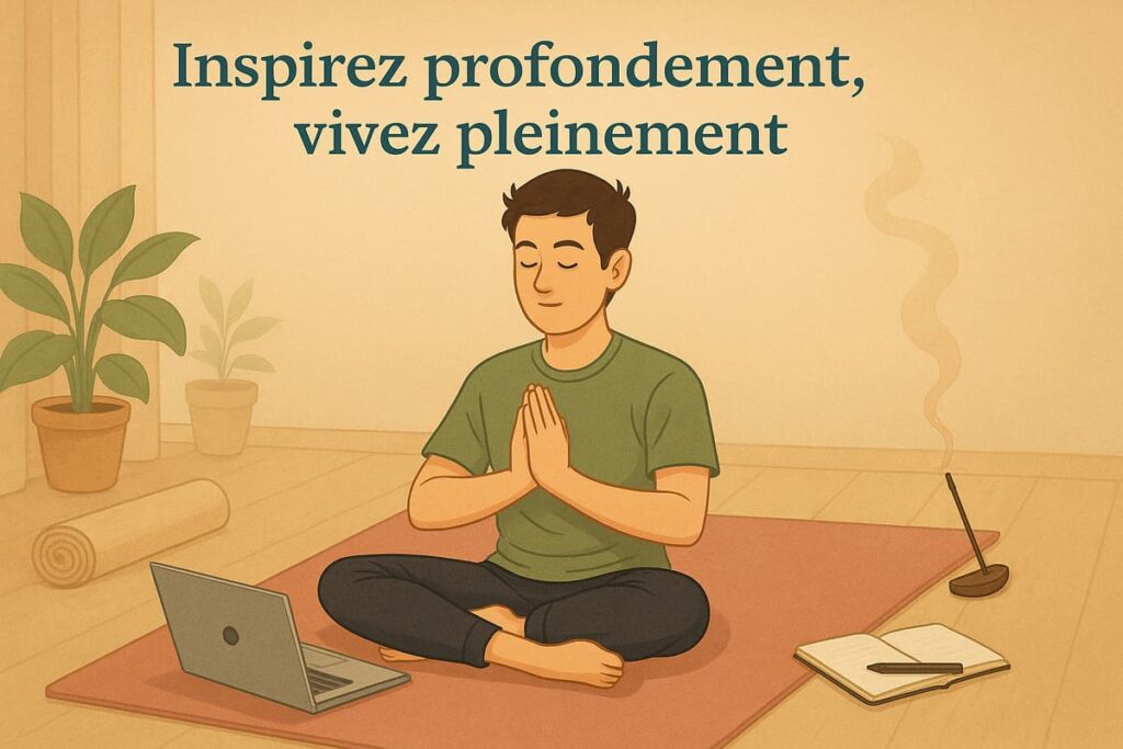 Illustration d’un homme méditant en ligne sur un tapis de yoga, avec un carnet et de l’encens