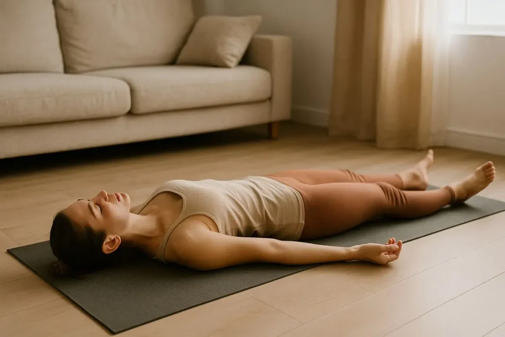 Femme allongée en Savasana sur un tapis de yoga, les yeux fermés, dans une pièce paisible et lumineuse, illustrant une mini-séance anti-stress.