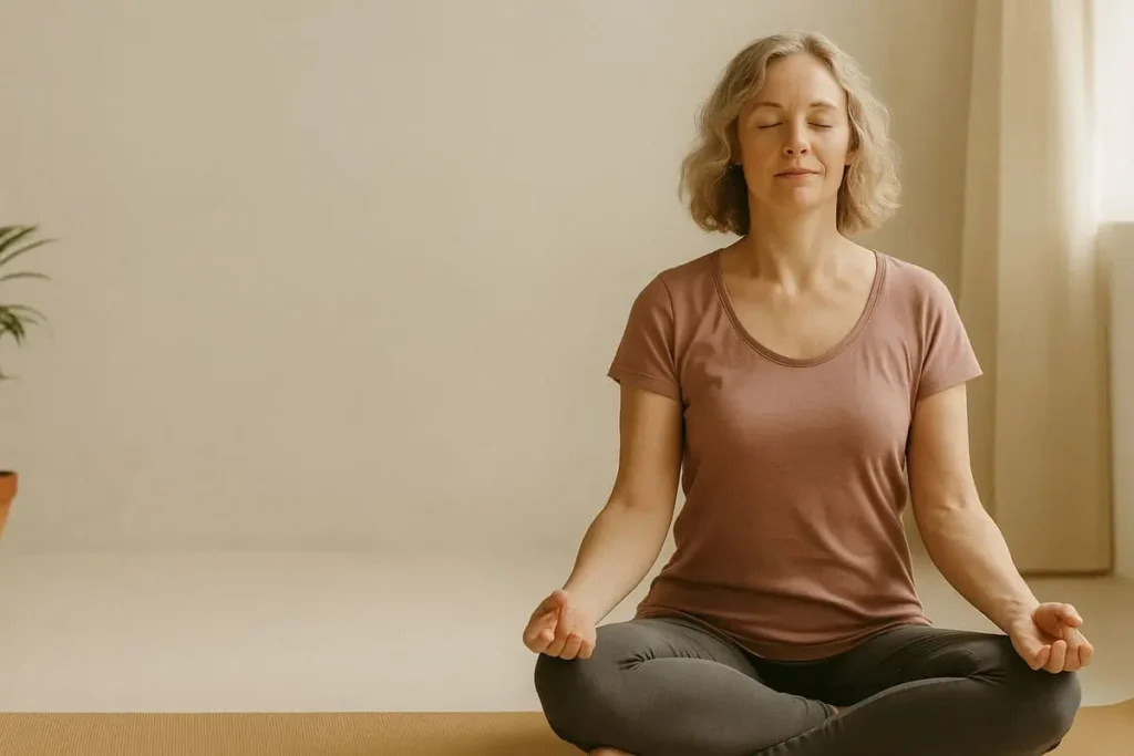 Femme assise en posture de méditation, les yeux fermés, dans une pièce lumineuse, illustrant une reconnexion à soi grâce au yoga contre l’anxiété.