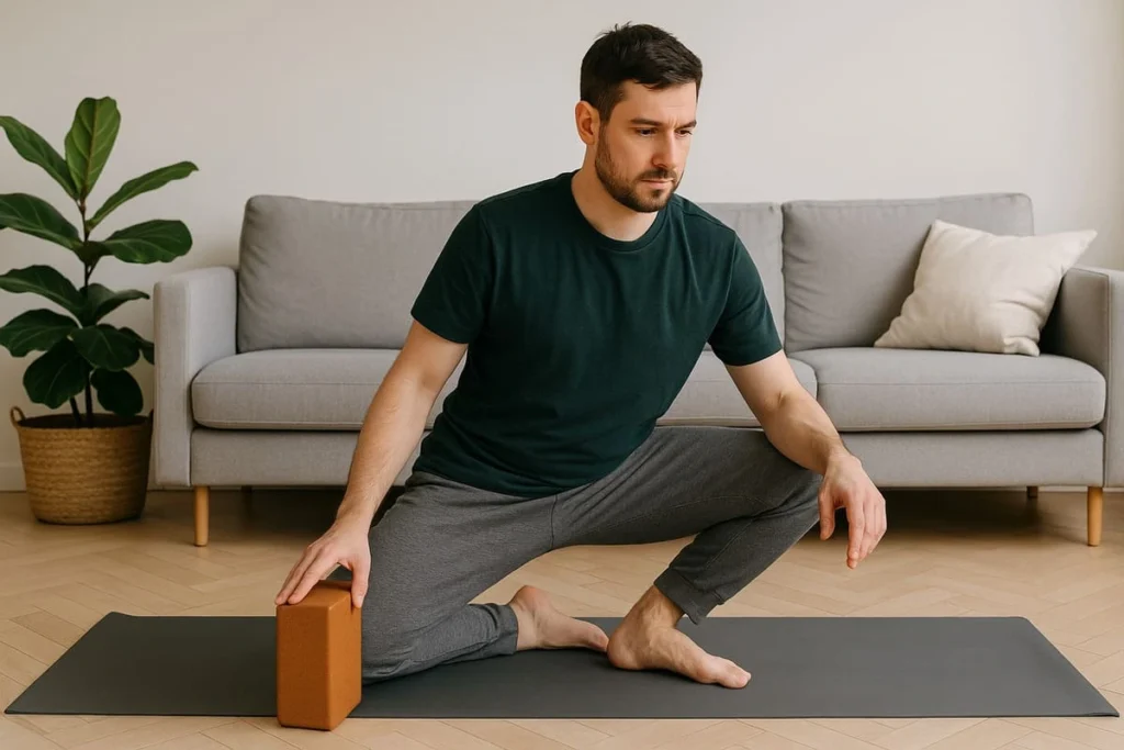 Homme débutant en yoga utilisant une brique pour adapter une posture dans un salon lumineux.