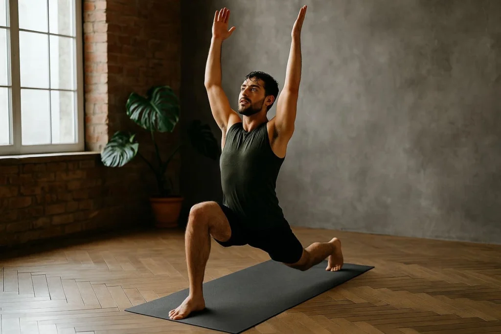 Homme pratiquant une posture dynamique de yoga dans un loft, montrant l’aspect physique et engageant de la pratique.