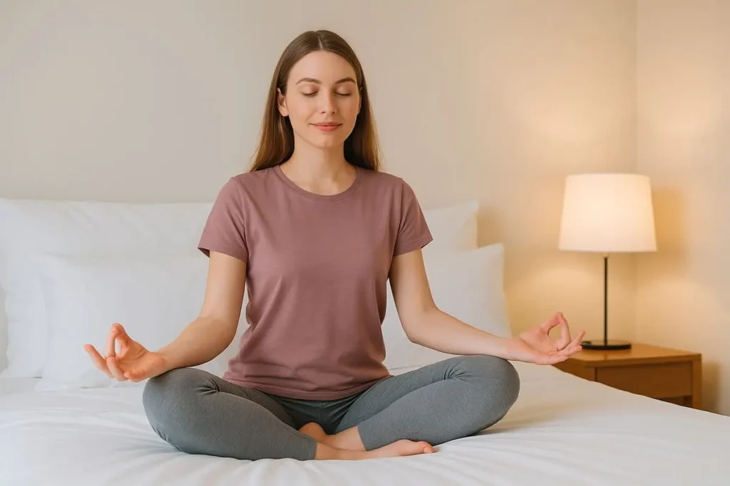 Femme assise en tailleur sur un lit, en méditation douce du soir, illustrant un yoga accessible sans souplesse.
