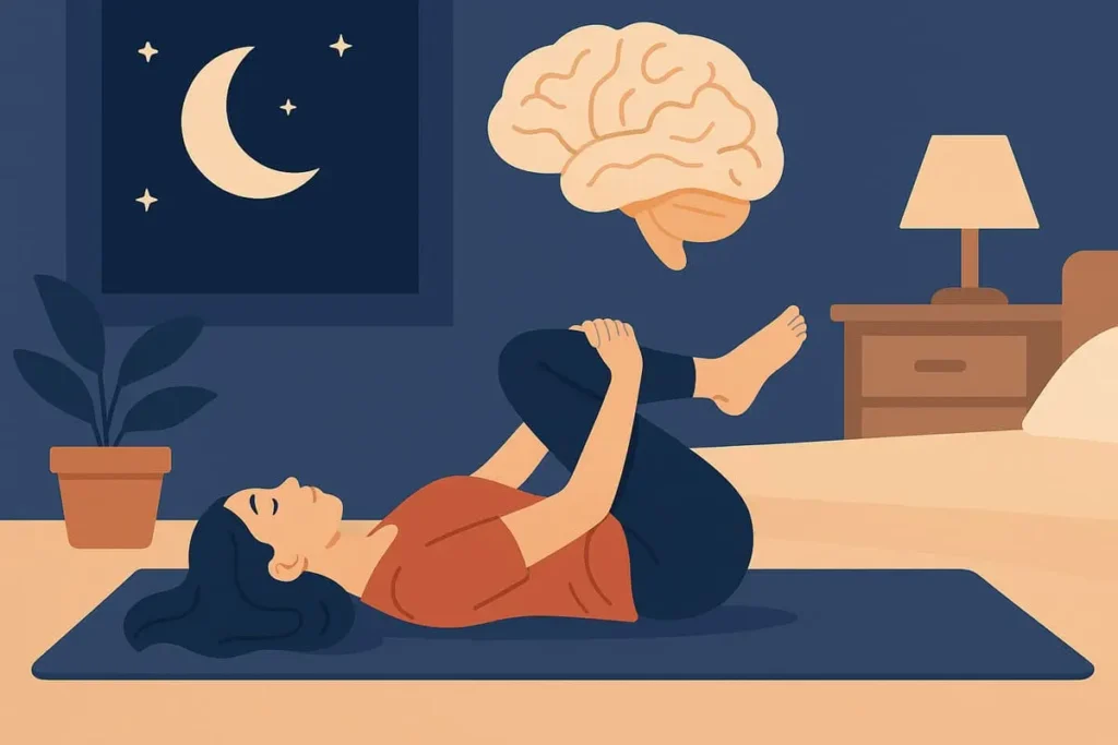 Illustration d’une femme pratiquant le yoga au sol le soir, avec un cerveau en arrière-plan symbolisant les effets du yoga sur le système nerveux et le sommeil.