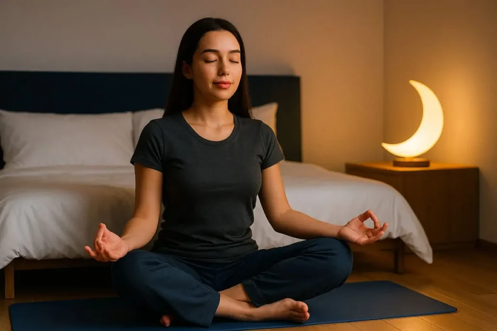 Femme en posture de méditation dans une chambre tamisée, pratiquant le yoga du soir pour mieux dormir.