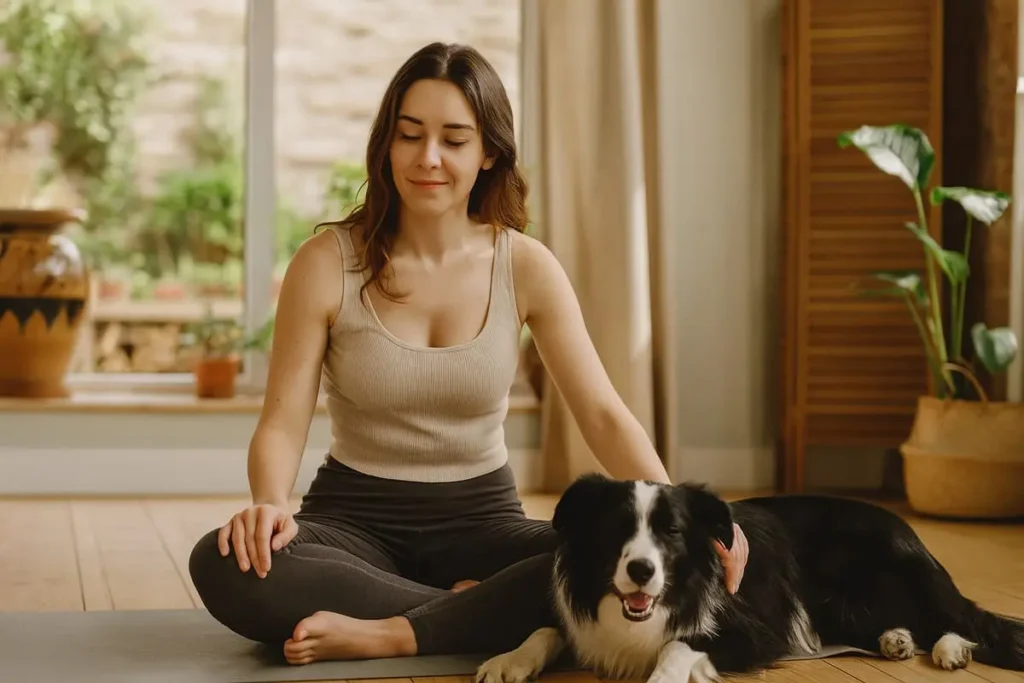 Femme méditant en caressant son chien allongé, dans un intérieur lumineux et apaisant, pendant une séance de doga