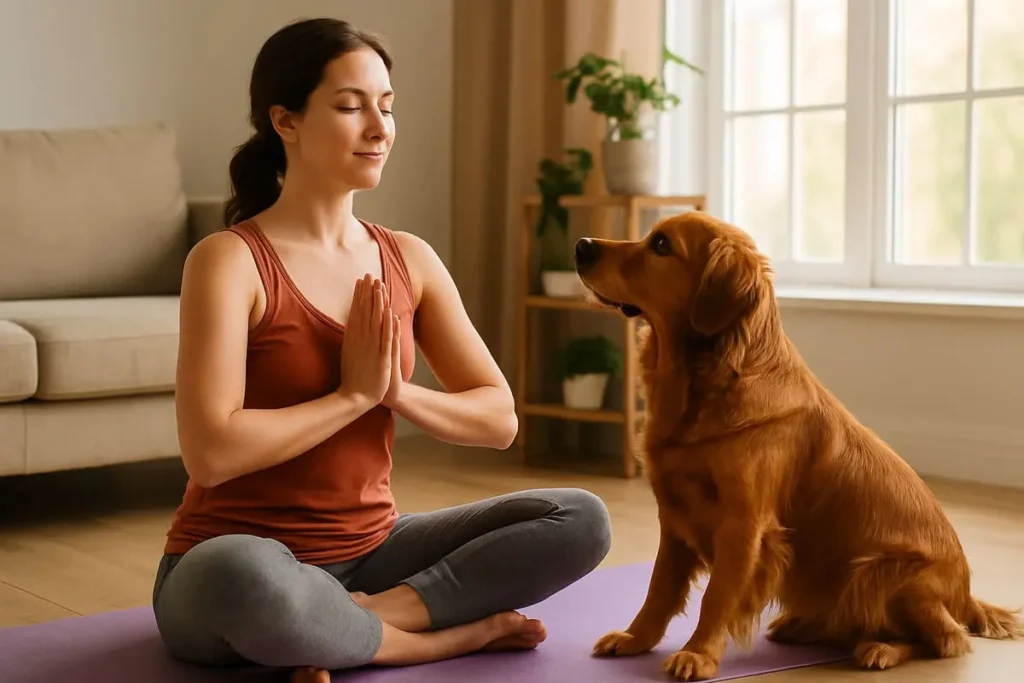 Femme assise en tailleur les mains jointes, face à son golden retriever, sur un tapis de yoga dans un salon lumineux