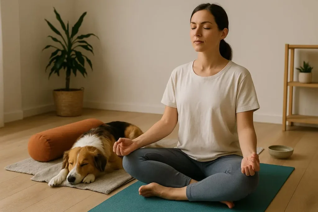 Femme assise en méditation sur un tapis de yoga avec son chien endormi à ses côtés