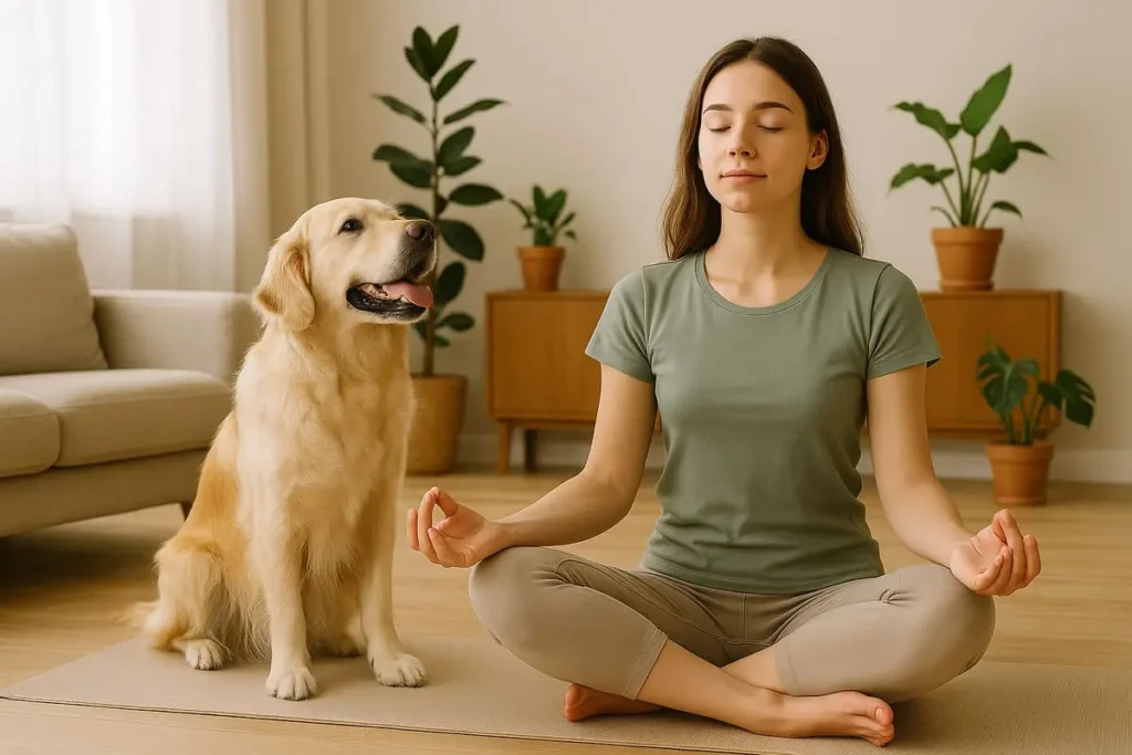Femme en méditation avec un Golden Retriever assis à ses côtés dans un intérieur lumineux et apaisant, illustrant une séance de doga