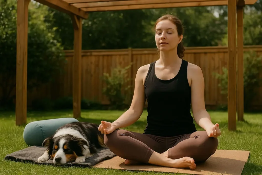 Femme en posture de méditation sous une pergola avec son chien endormi à ses côtés sur une couverture