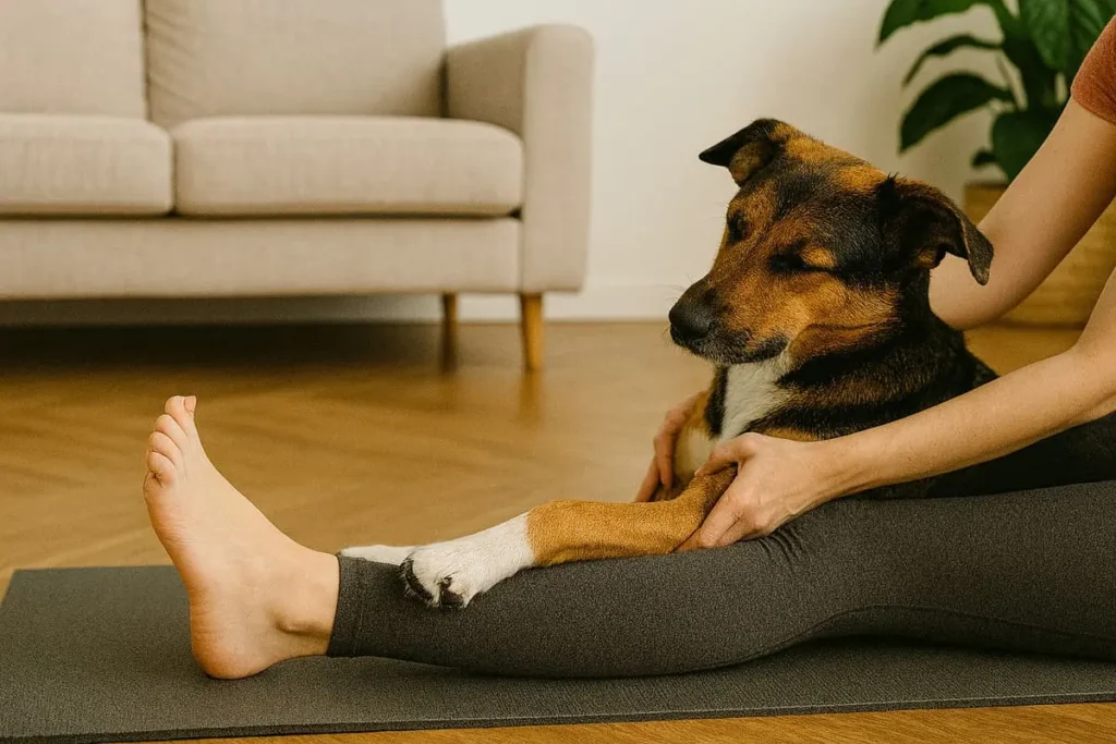Main d’une personne tenant la patte d’un chien allongé sur un tapis de yoga pour un étirement en douceur