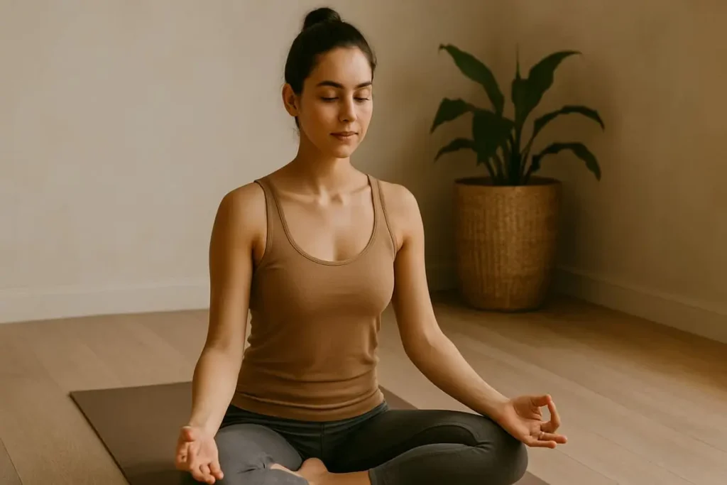 Femme méditant en position assise dans une lumière douce, illustrant l’introspection par le yoga