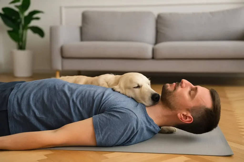 Un homme assis en tailleur sur un tapis de yoga avec son golden retriever, tous deux apaisés dans un salon lumineux