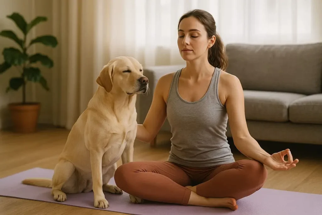Femme en posture de méditation avec son chien assis à ses côtés sur un tapis de yoga violet