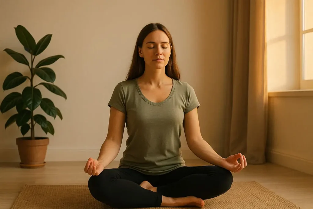 Femme méditant en posture de yoga assise dans une pièce lumineuse, près d’une plante verte