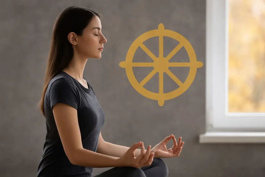 Femme méditant en silence en position assise, mains en mudra, avec un symbole de roue dorée représentant Dharana