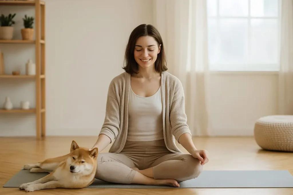 Une jeune femme assise sur un tapis de yoga à côté de son shiba inu, dans un intérieur chaleureux et apaisant