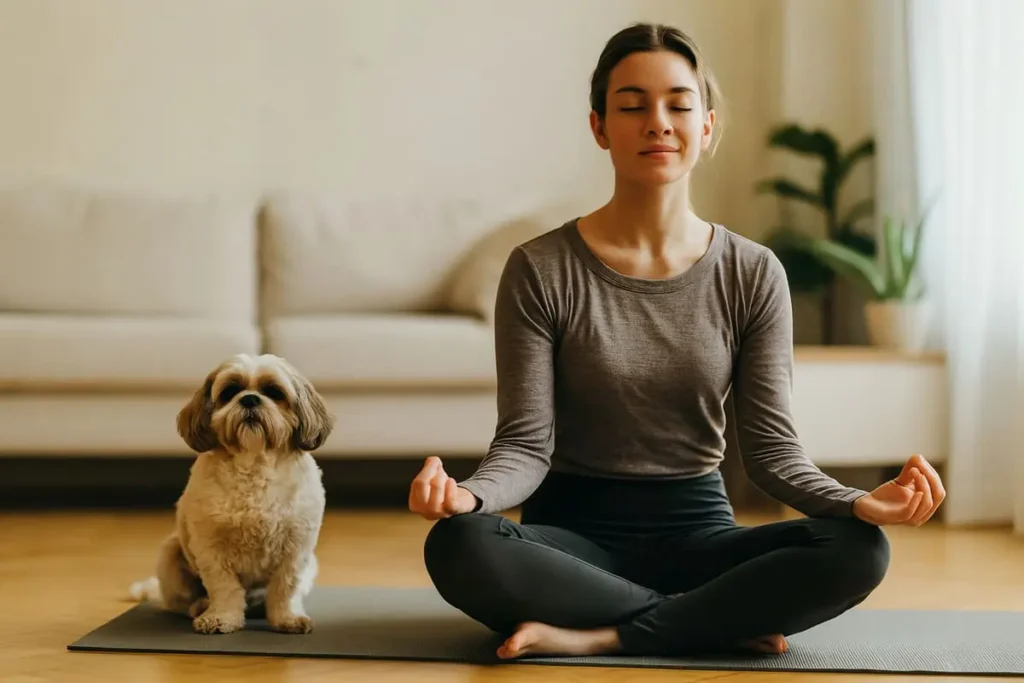 Femme assise en tailleur sur un tapis de yoga, caressant doucement son chien allongé près d’elle dans un intérieur lumineux