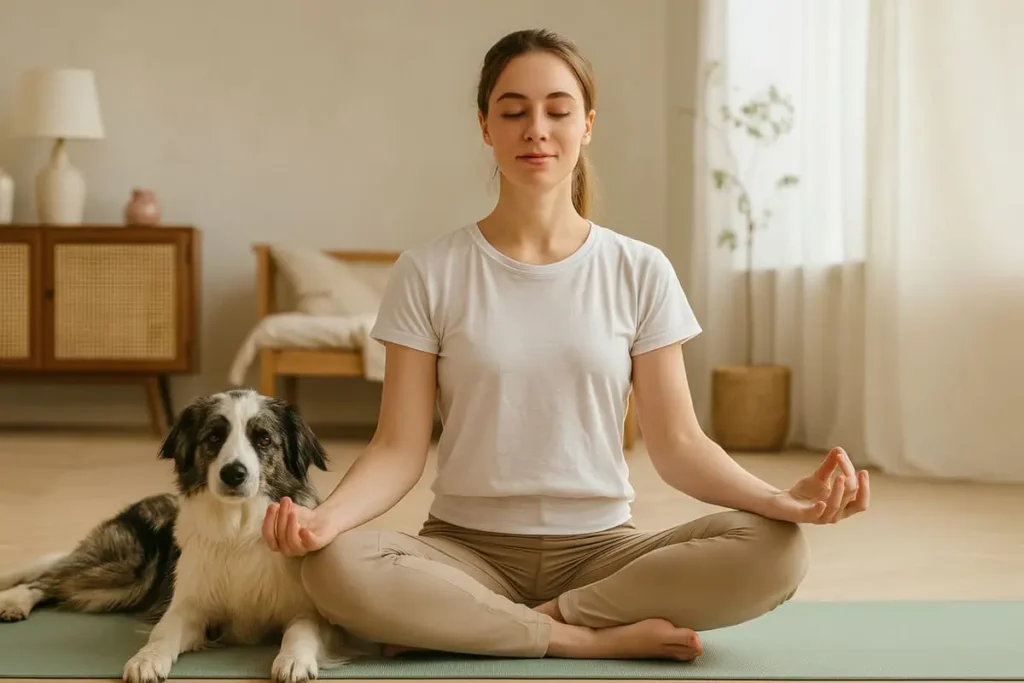 Une jeune femme pratique le yoga sur un tapis, accompagnée de son chien attentif dans un salon lumineux