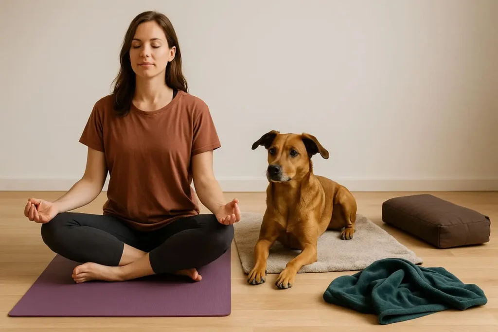 Femme méditant sur un tapis de yoga aux côtés de son chien allongé sur une couverture