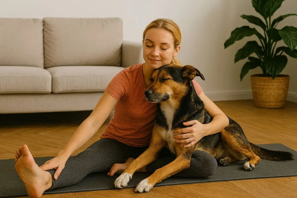 Femme assise sur un tapis de yoga en posture d’étirement, tenant tendrement son chien contre elle dans un salon lumineux
